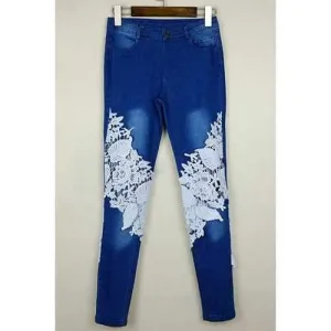Stylish Mid-Waisted Pocket Design Lace Embellished Women's Jeans - Deep Blue S
