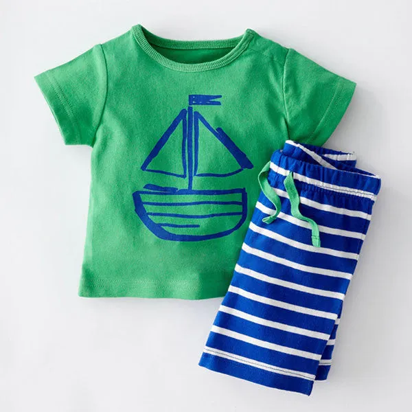 Summer Boys Clothes Sets Kids Clothes Short-Sleeve Cartoon T-Shirt   Striped Pant Boys Clothing Set CF101