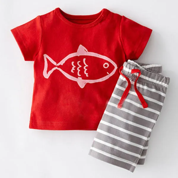 Summer Boys Clothes Sets Kids Clothes Short-Sleeve Cartoon T-Shirt   Striped Pant Boys Clothing Set CF101