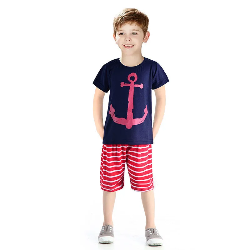 Summer Boys Clothes Sets Kids Clothes Short-Sleeve Cartoon T-Shirt   Striped Pant Boys Clothing Set CF101