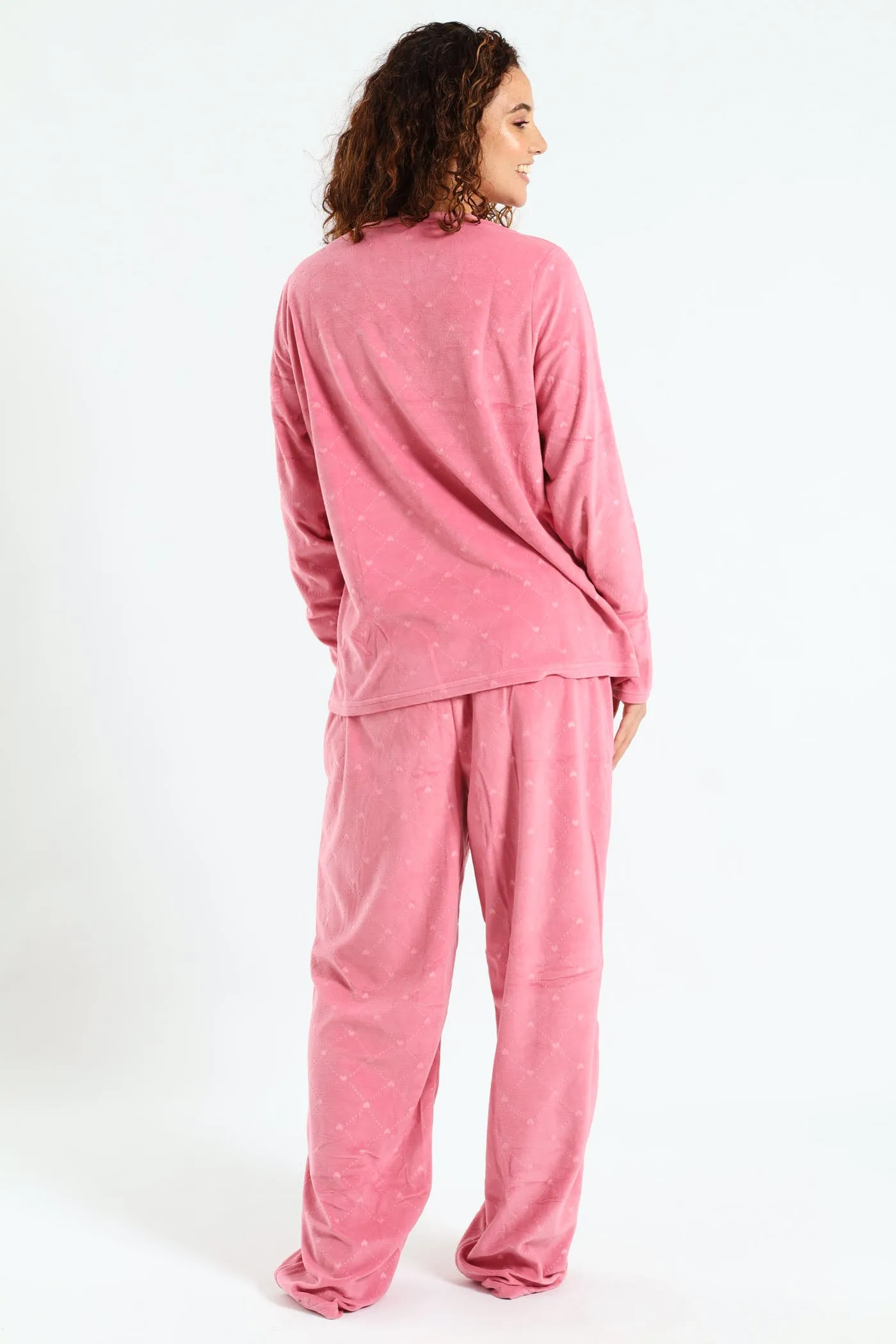 Textured Diamond Heart Long Sleeve Top & Pant Set - Dusty Pink