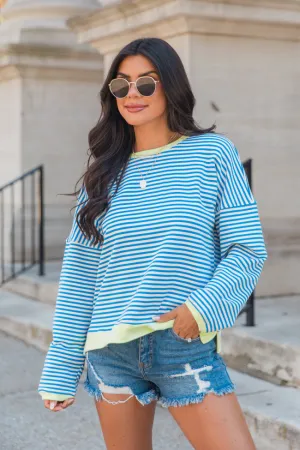 Think On It Blue Striped Contrast Trim Pullover FINAL SALE