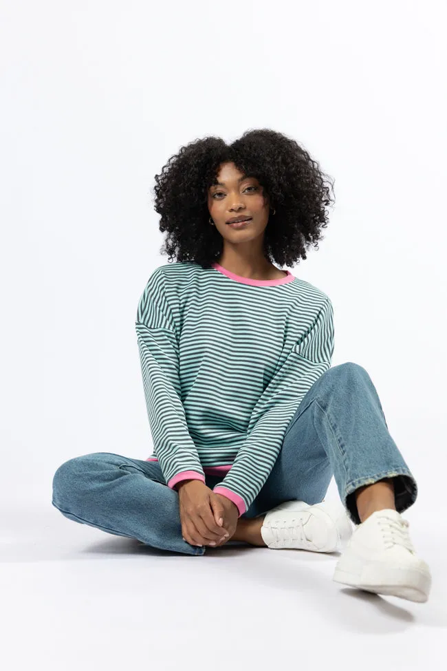 Think On It Pink, Navy, and Charcoal Striped Contrast Trim Pullover FINAL SALE