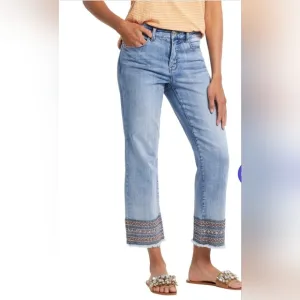 Tribal Audrey Embroidered Hem Crop Denim Jeans Size 6 Embellished