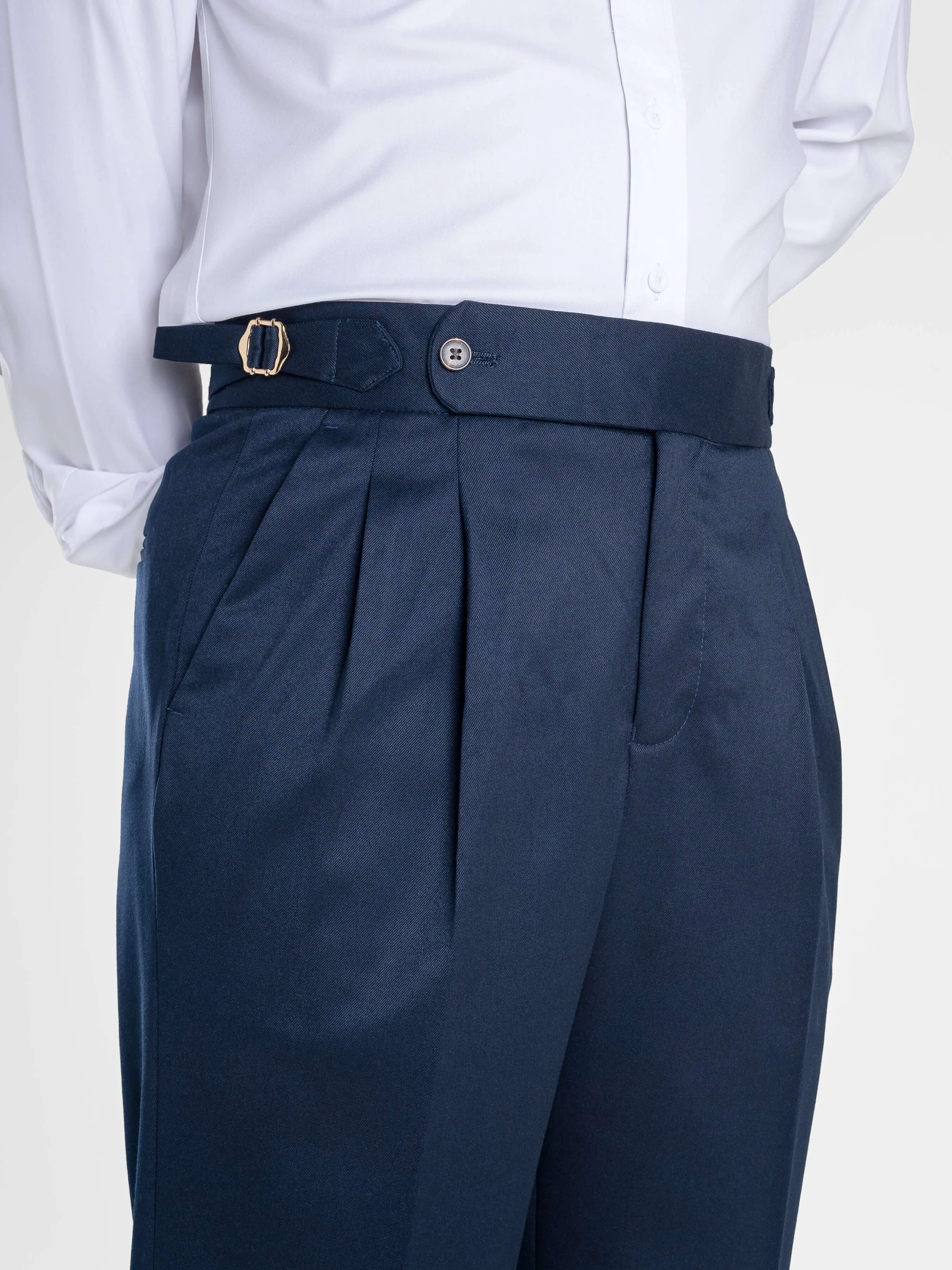 Trousers With Side Adjusters - Deep Blue Plain Cuffed (Tapered)
