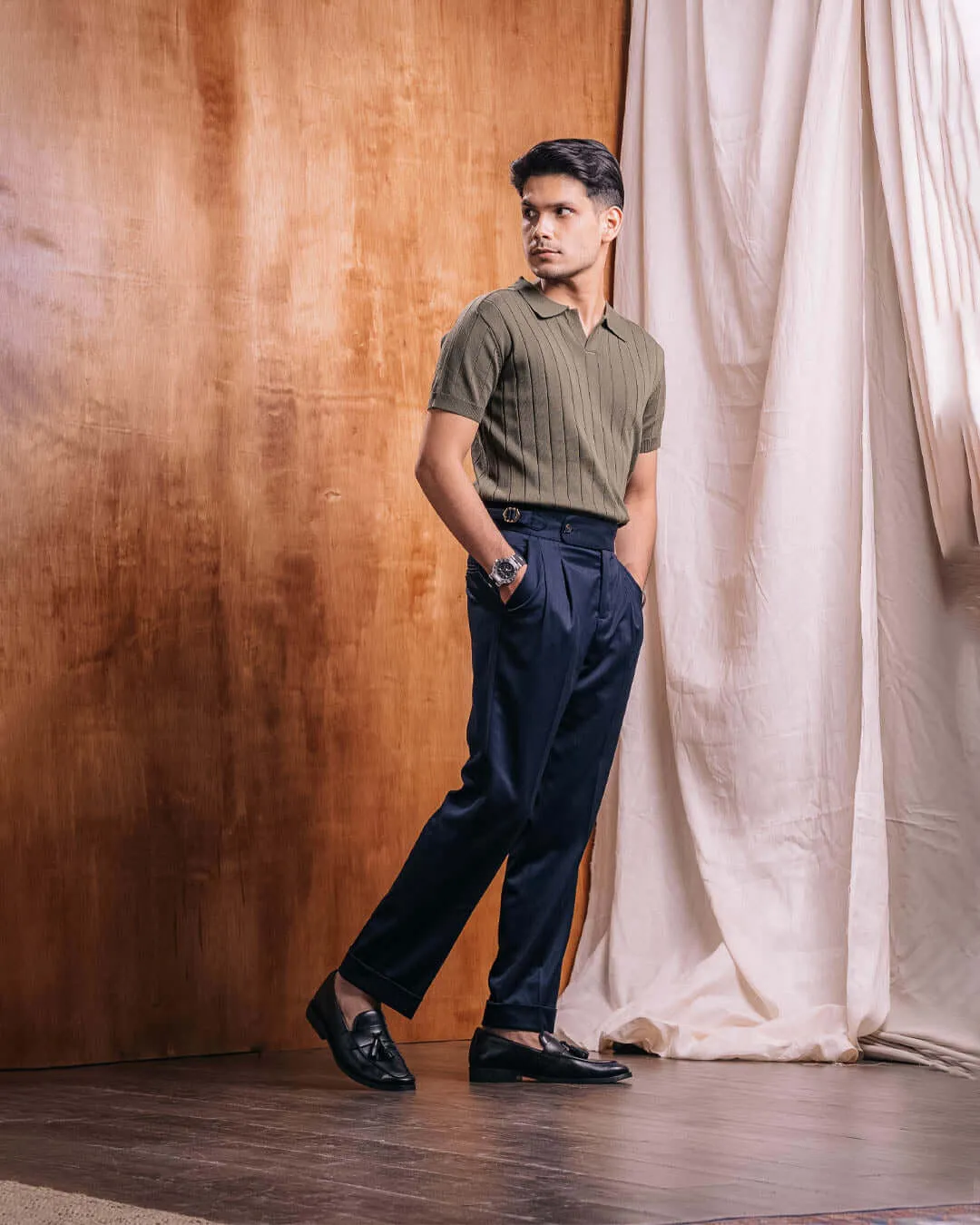 Trousers With Side Adjusters - Deep Blue Plain Cuffed (Tapered)