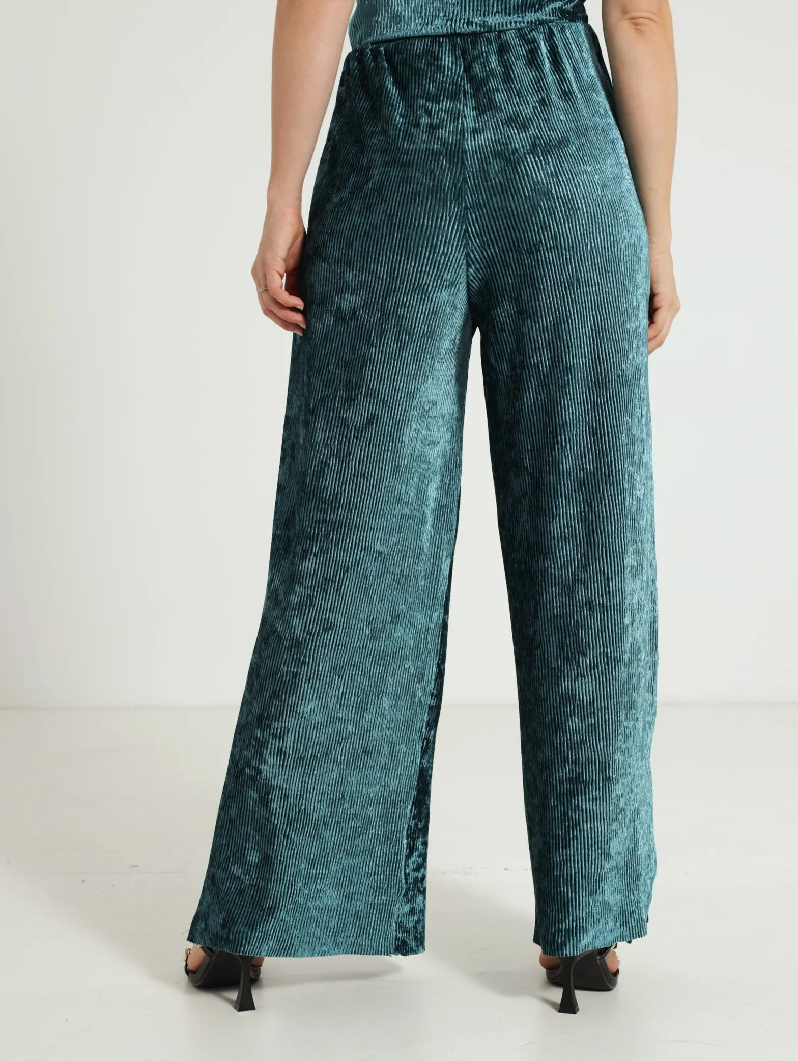 Velour Plisse Wide Leg Pant - Teal