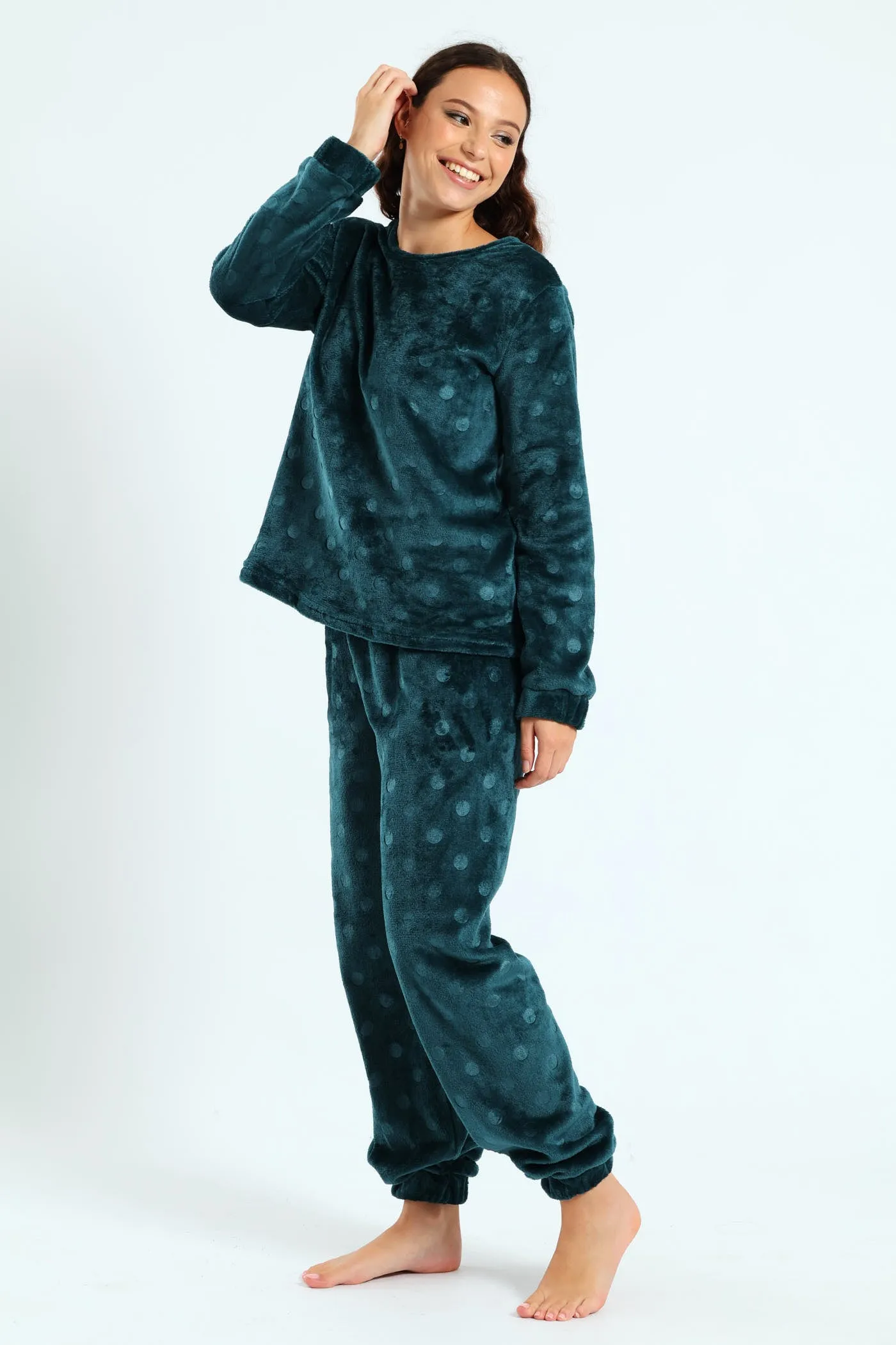 Velour Spot Embossed Long Sleeve Top & Pants Set - Dark Green