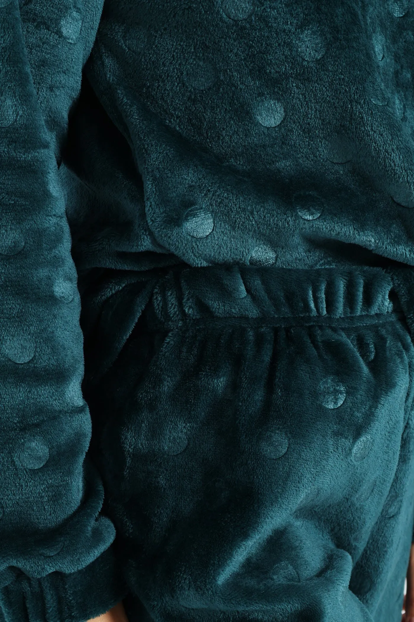 Velour Spot Embossed Long Sleeve Top & Pants Set - Dark Green