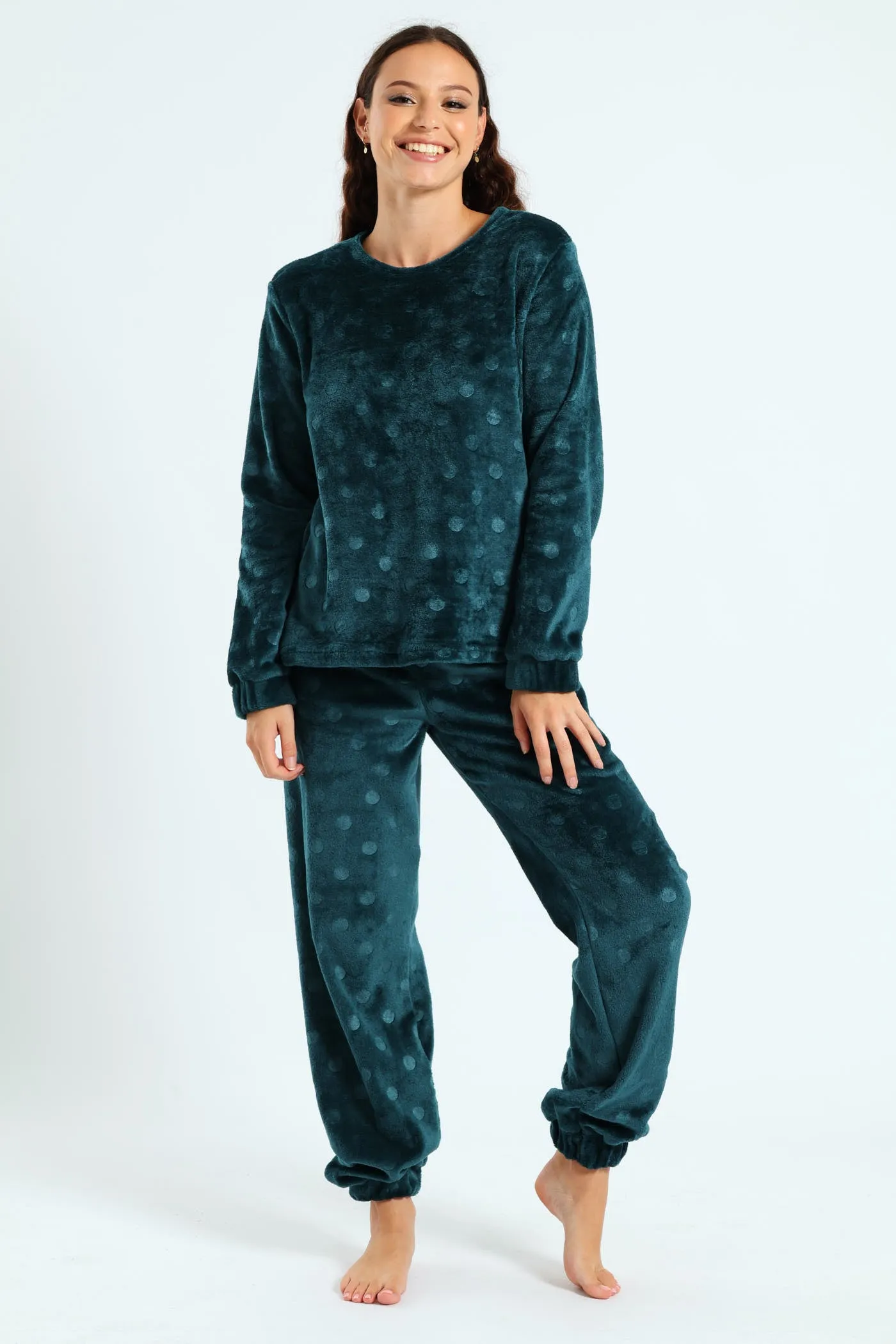 Velour Spot Embossed Long Sleeve Top & Pants Set - Dark Green