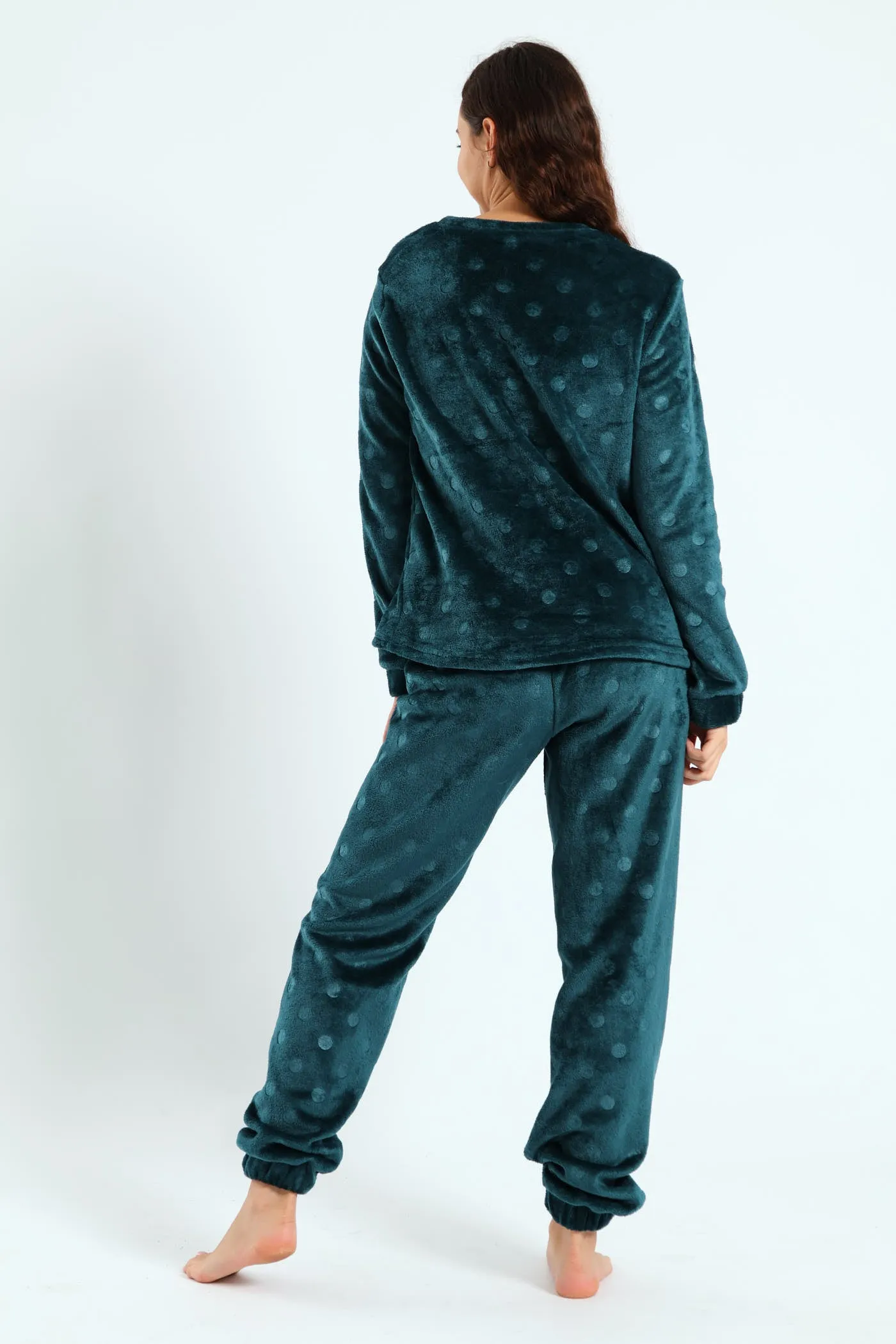 Velour Spot Embossed Long Sleeve Top & Pants Set - Dark Green