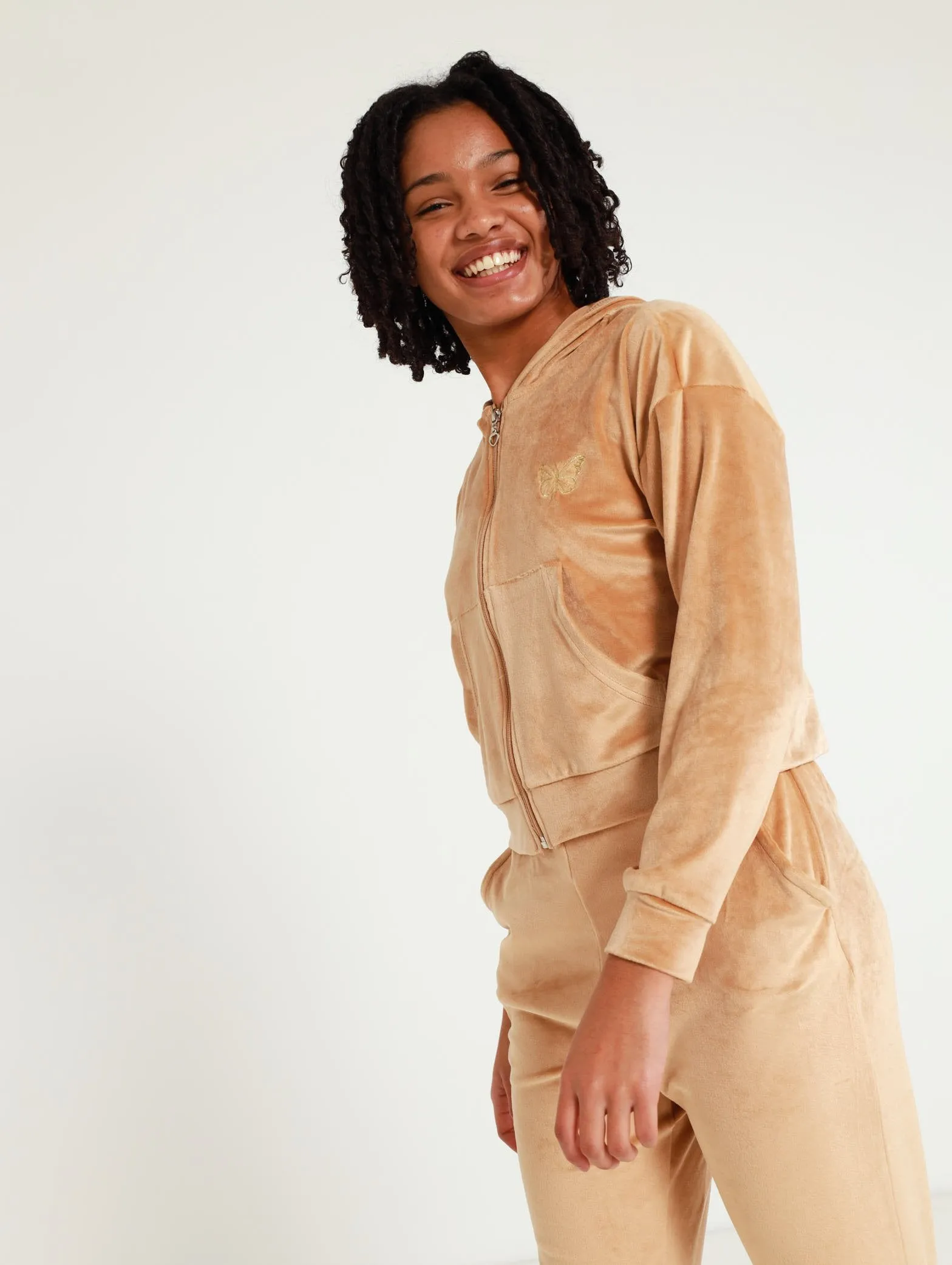 Velour Zip Through Hoody - Chmapagne