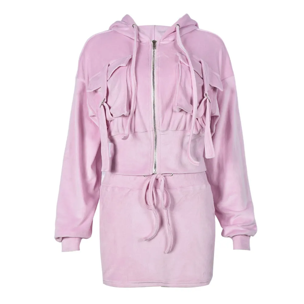 Velour Zip Up Jacket and Matching Mini Skirt Set