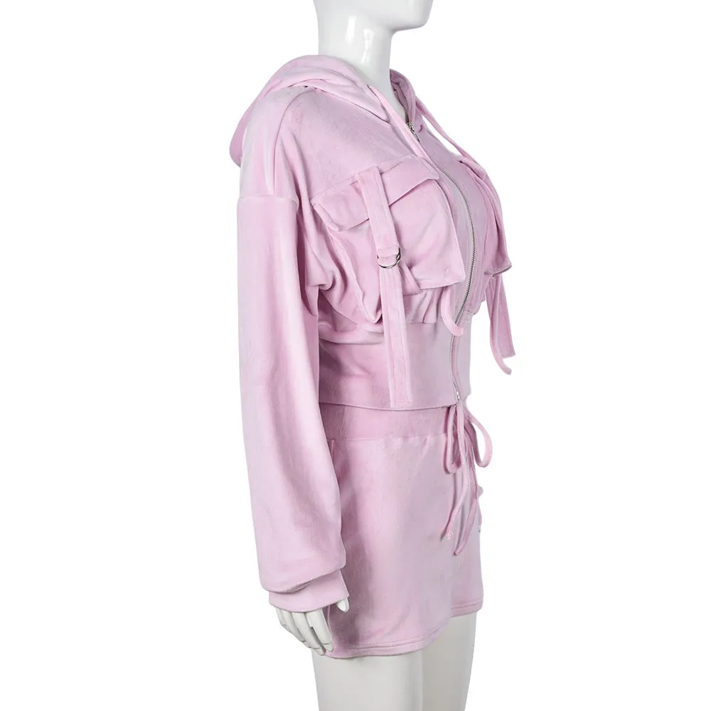 Velour Zip Up Jacket and Matching Mini Skirt Set