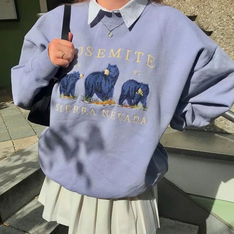 Vintage Bear Embroid Sweatshirts Women 2020Harajuku Streetwear Casual Long Sleeve Crewneck Oversized Fashion Hoodie Korean Girls