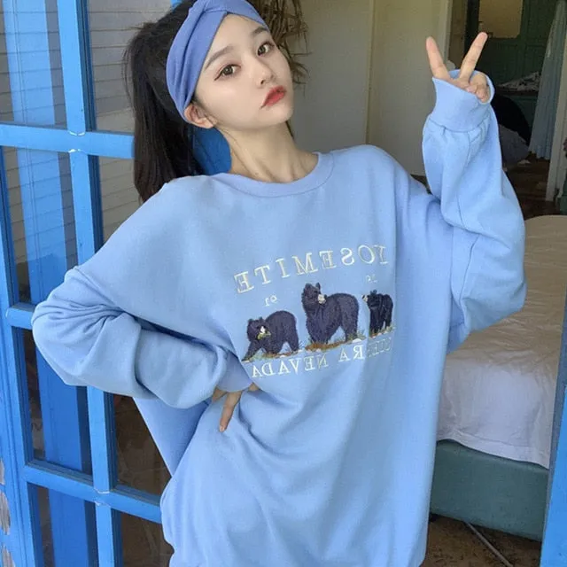 Vintage Bear Embroid Sweatshirts Women 2020Harajuku Streetwear Casual Long Sleeve Crewneck Oversized Fashion Hoodie Korean Girls