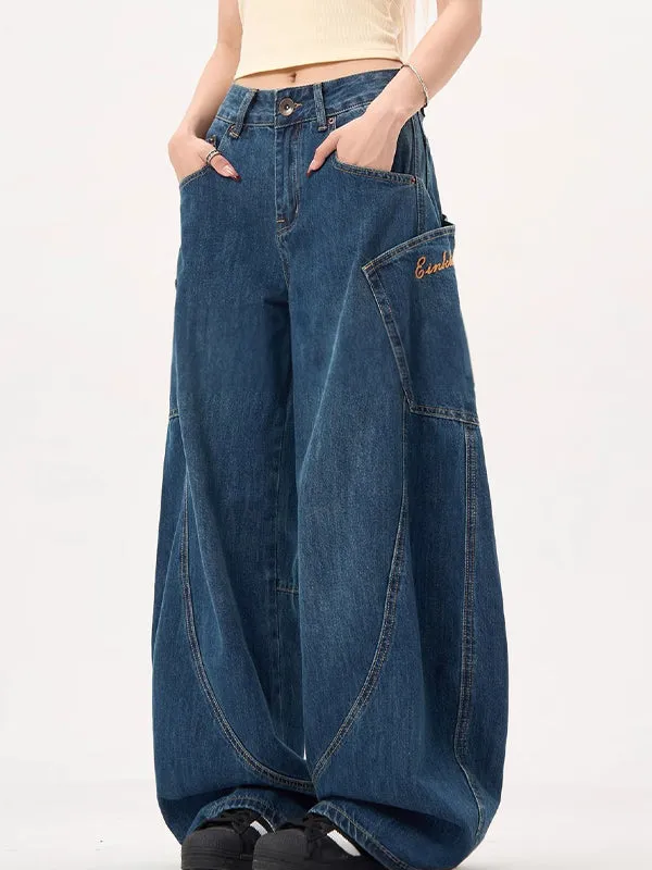 Vintage Blaue Boyfriend Jeans mit Großen Taschen und Weitem Krummschnitt