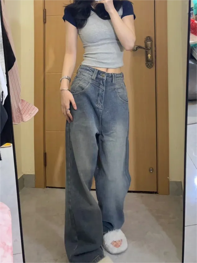 Vintage Blaue Gewaschene Boyfriend Jeans mit Leisten Detail