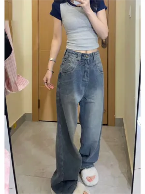 Vintage Blaue Gewaschene Boyfriend Jeans mit Leisten Detail