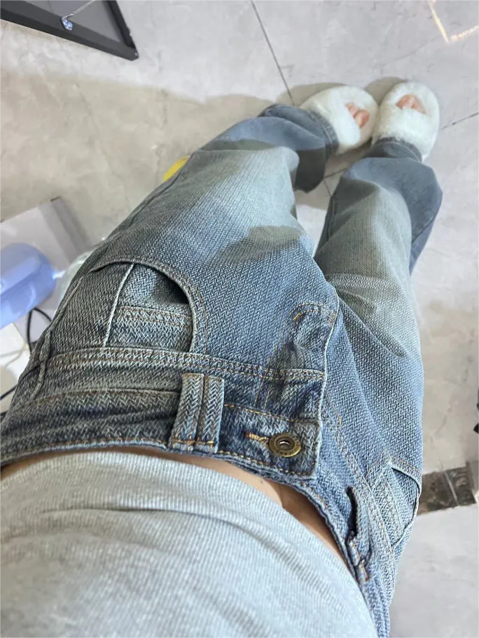 Vintage Blaue Gewaschene Boyfriend Jeans mit Leisten Detail