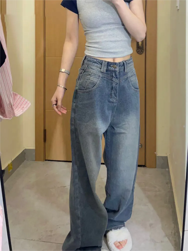 Vintage Blaue Gewaschene Boyfriend Jeans mit Leisten Detail