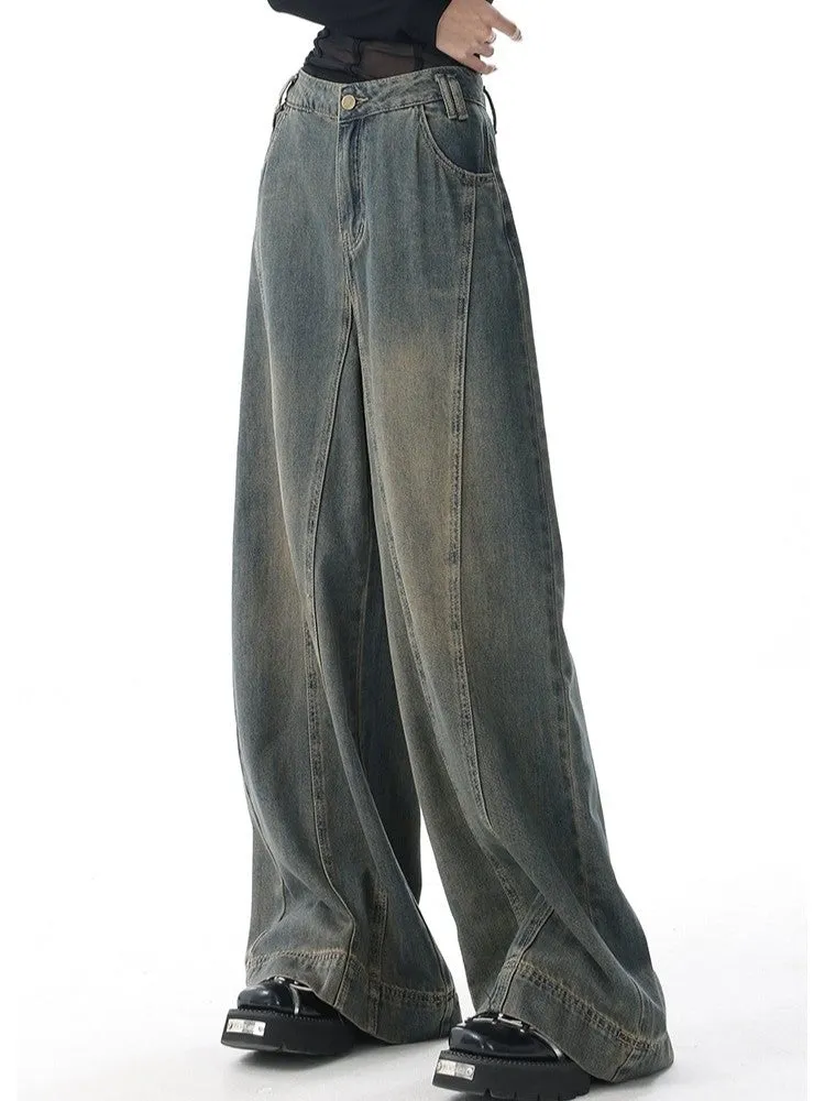Vintage Faded Baggy Boyfriend Jeans with Embroidered Stripes 