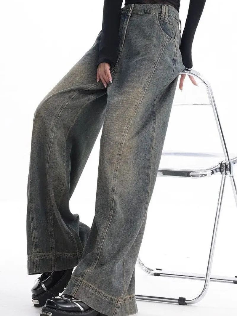 Vintage Faded Baggy Boyfriend Jeans with Embroidered Stripes 