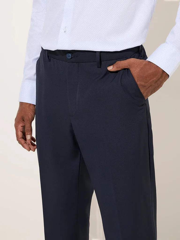 WES Formals Navy Pinstriped Relaxed-Fit Mid-Rise Trousers