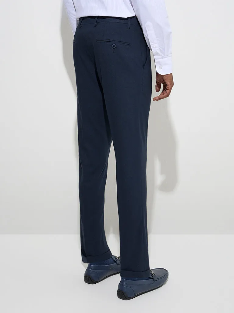 WES Formals Navy Pinstriped Relaxed-Fit Mid-Rise Trousers