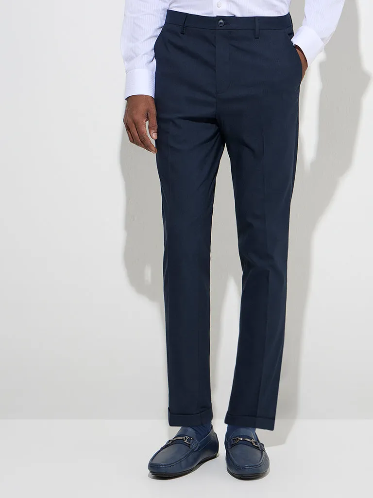 WES Formals Navy Pinstriped Relaxed-Fit Mid-Rise Trousers