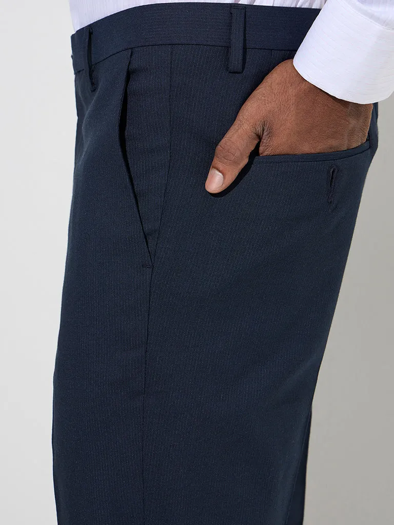 WES Formals Navy Pinstriped Relaxed-Fit Mid-Rise Trousers