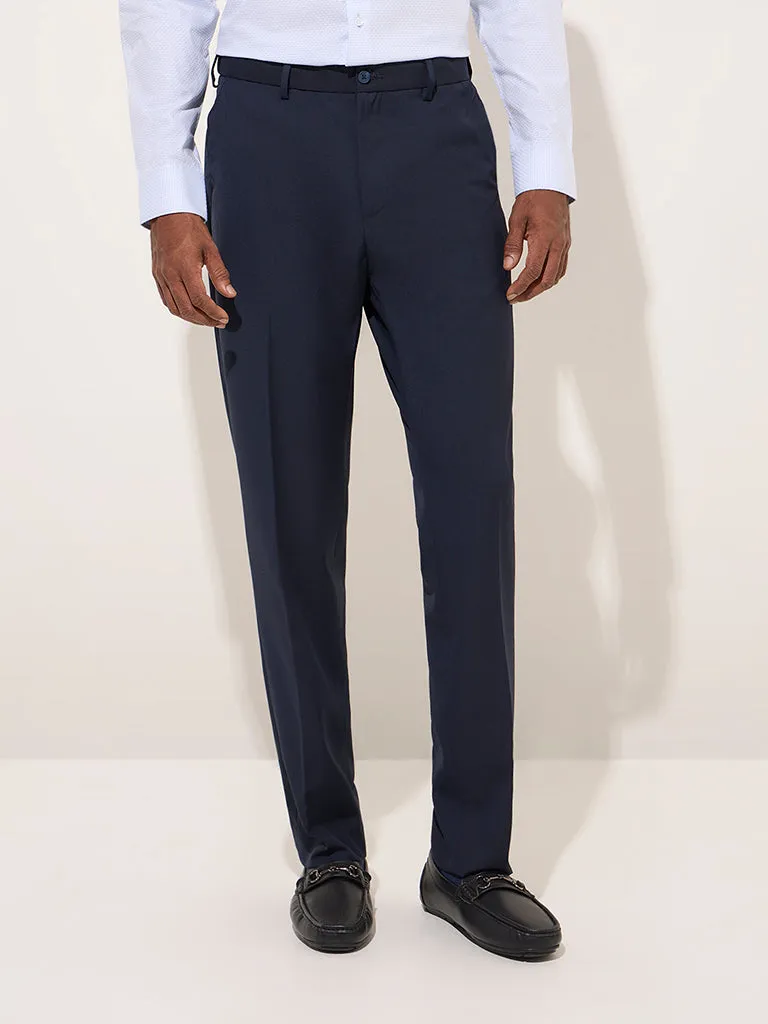 WES Formals Navy Pinstriped Relaxed-Fit Mid-Rise Trousers
