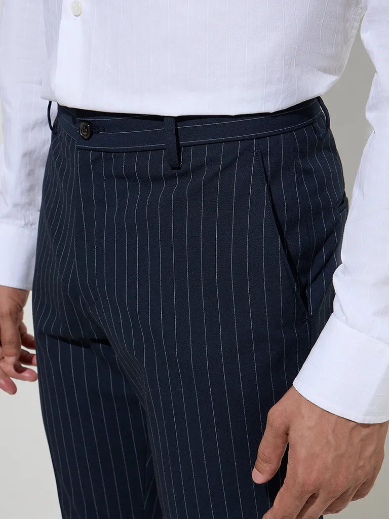 WES Formals Navy Pinstriped Slim-Fit Mid-Rise Trousers
