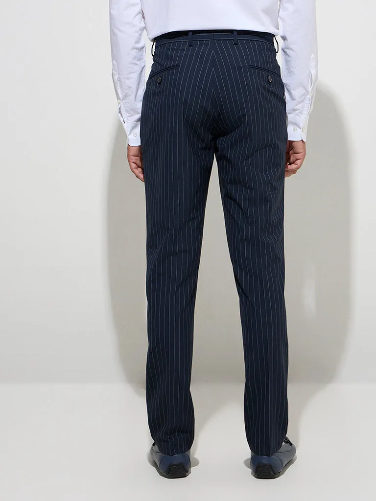 WES Formals Navy Pinstriped Slim-Fit Mid-Rise Trousers