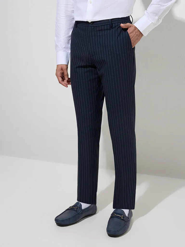 WES Formals Navy Pinstriped Slim-Fit Mid-Rise Trousers