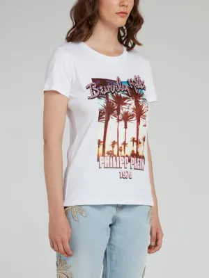 White Embellished Graphic Print T-Shirt