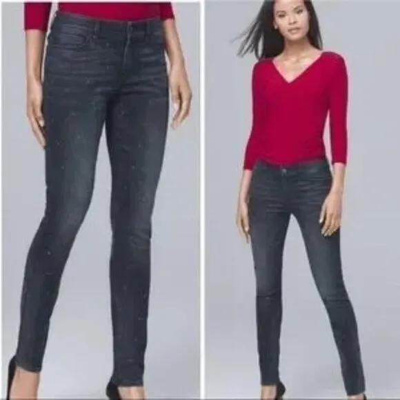 WHITE HOUSE BLACK MARKET MID RISE  EMBELLISHED FRONT SKINNY ANKLE JEANS  0 SHORT