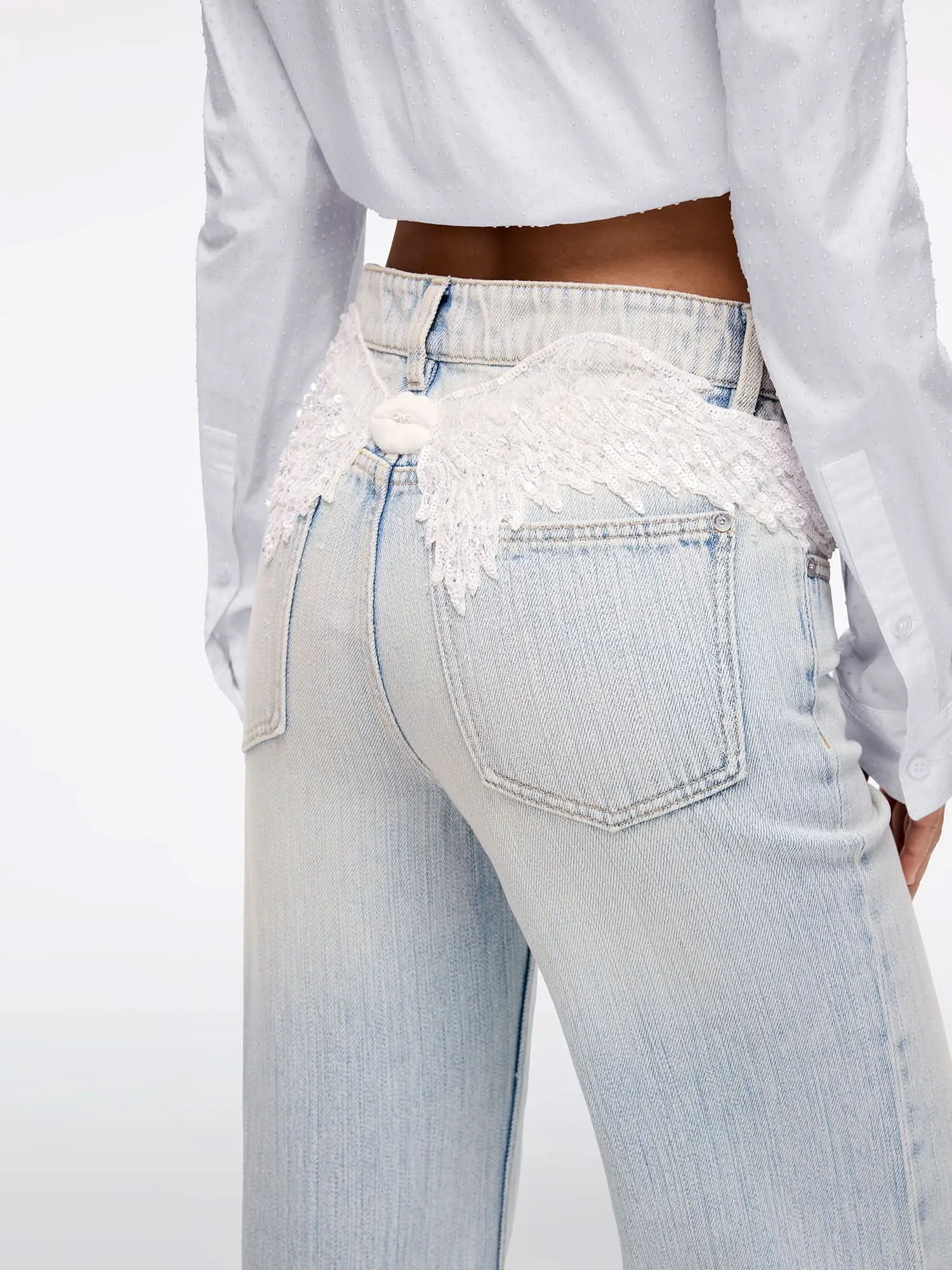 Wing-Embellished Beaded Flared Jeans