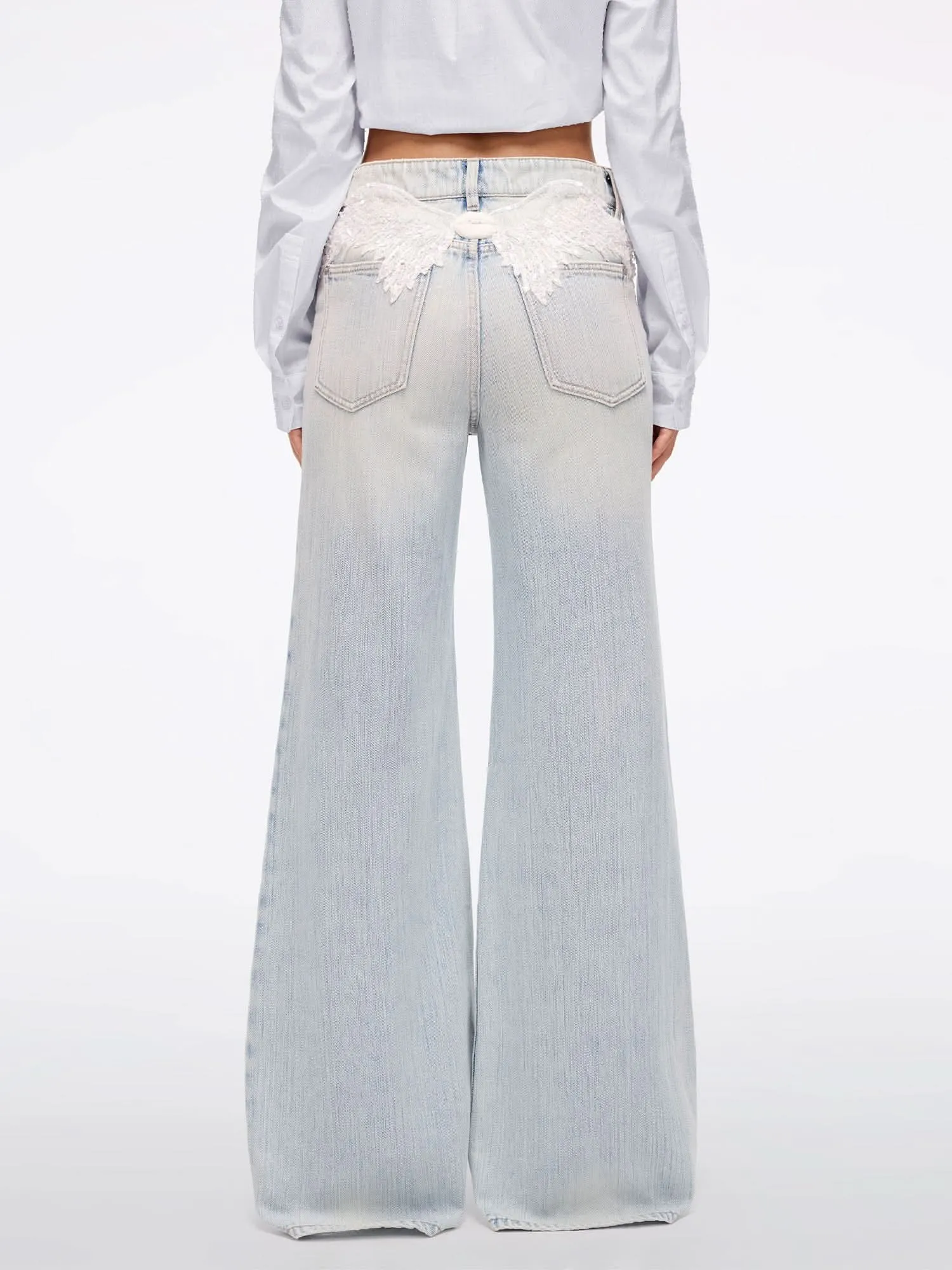 Wing-Embellished Beaded Flared Jeans