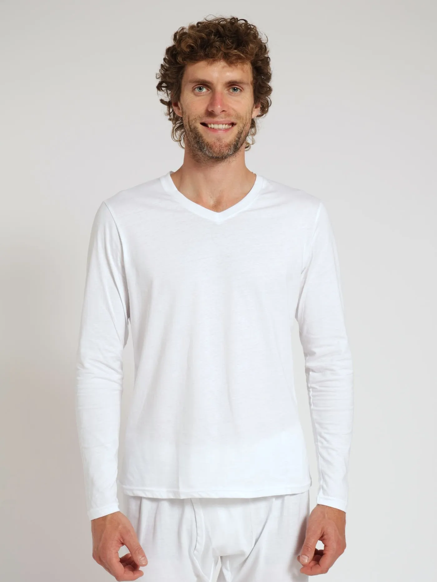 Winter Long Sleeve Cotton Thermal Crew Neck Tee - White