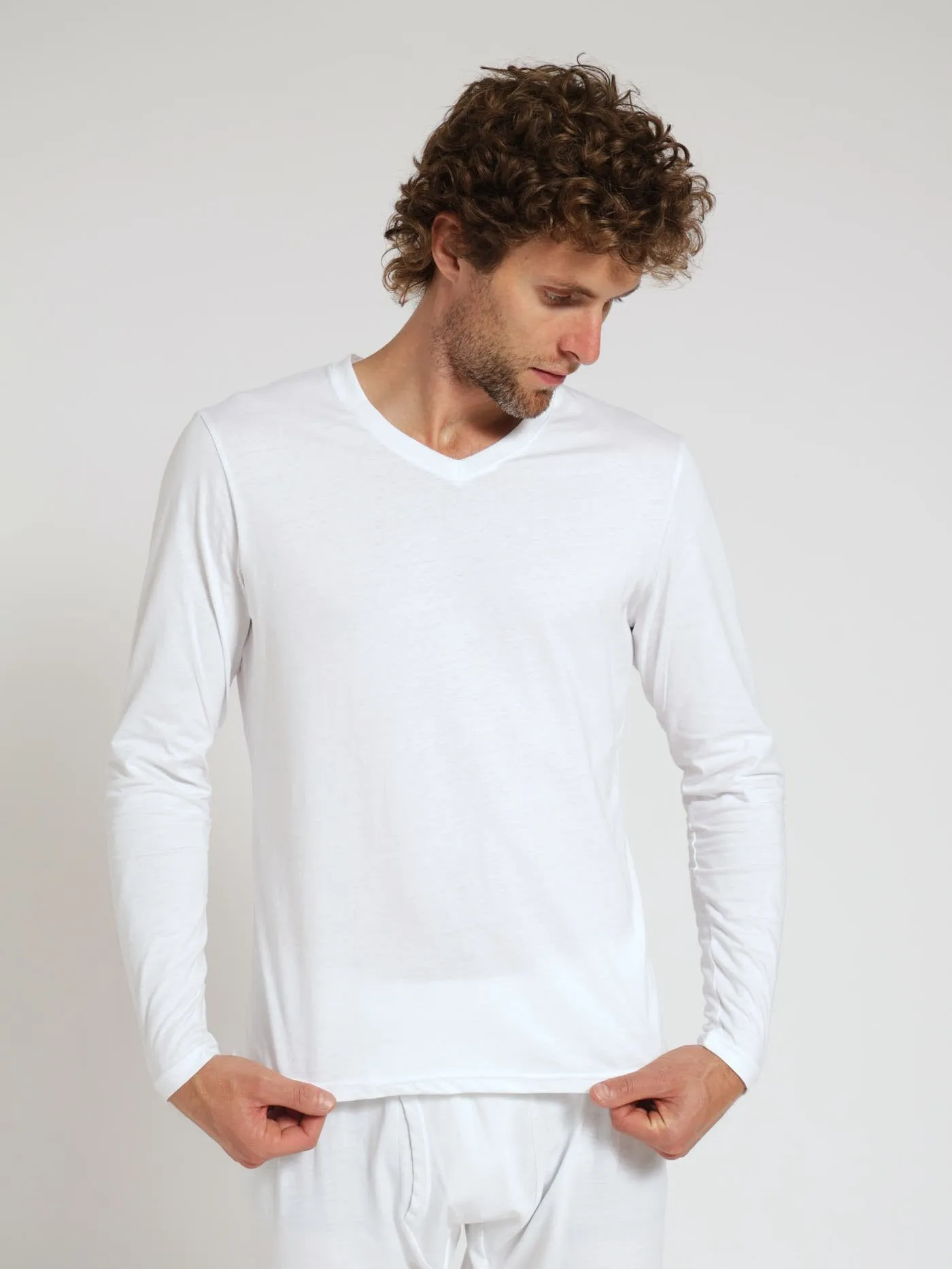 Winter Long Sleeve Cotton Thermal Crew Neck Tee - White
