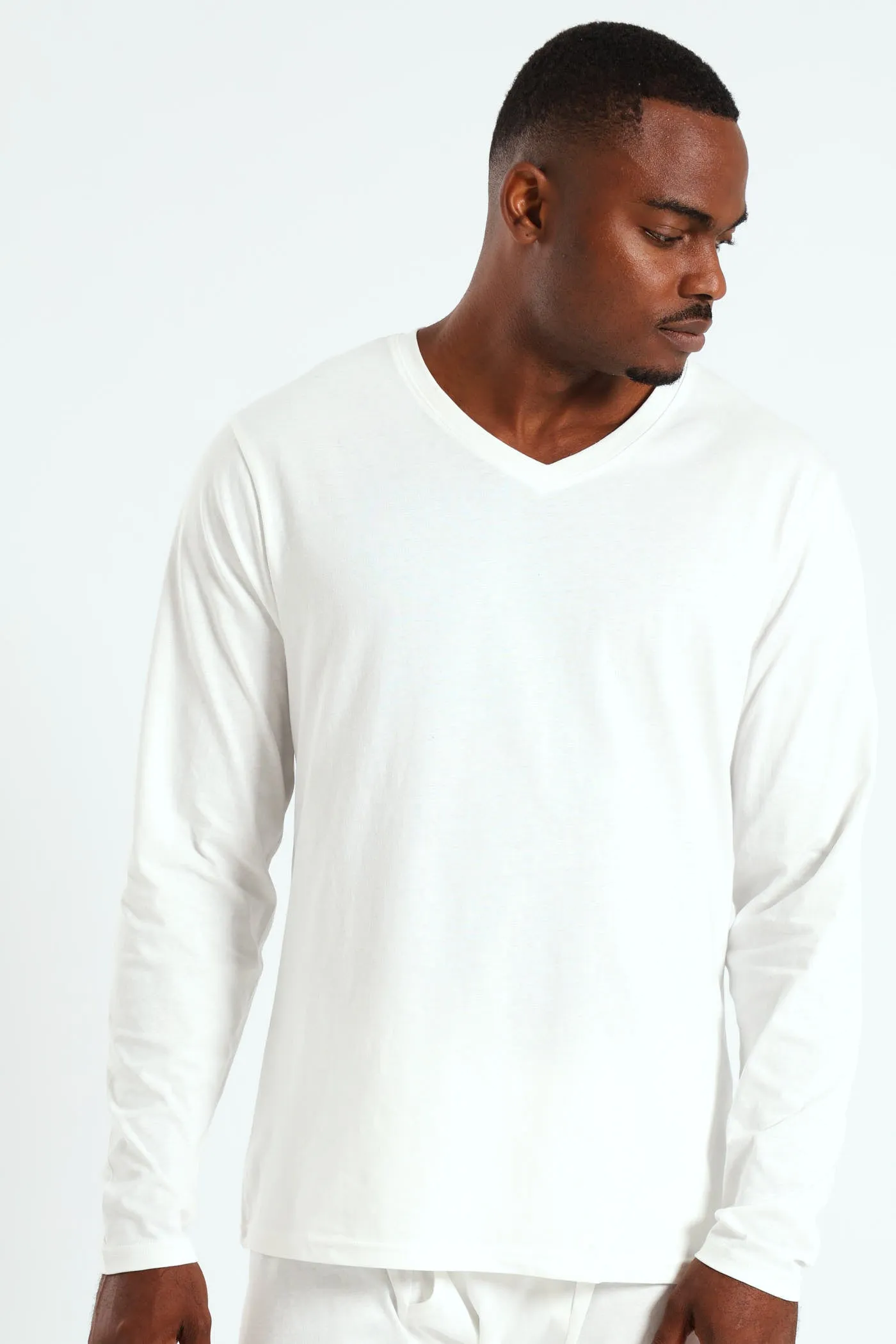 Winter Long Sleeve Cotton Thermal V-Neck Tee - White