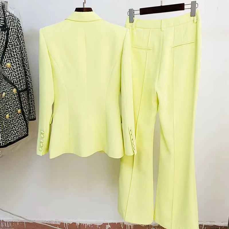 Women Light Yellow Blazer   Flare Trousers Suit Two Piece Pantsuits