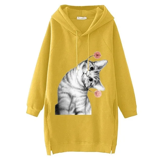 Women Long Hoodie Sweatshirt Pullover Cartoon Print Long Sleeve Splited Pockets Sweatshirt Hoody Pullovers Dress Sudadera Mujer