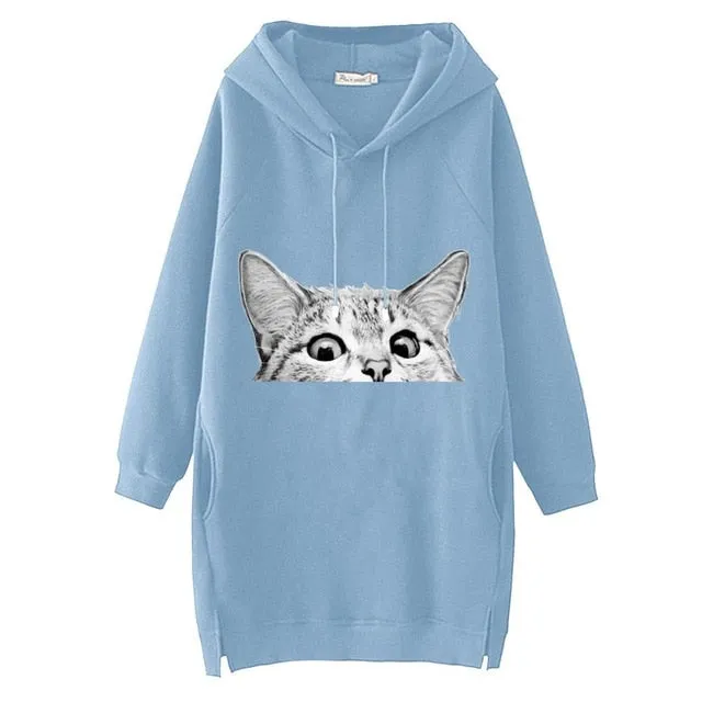 Women Long Hoodie Sweatshirt Pullover Cartoon Print Long Sleeve Splited Pockets Sweatshirt Hoody Pullovers Dress Sudadera Mujer