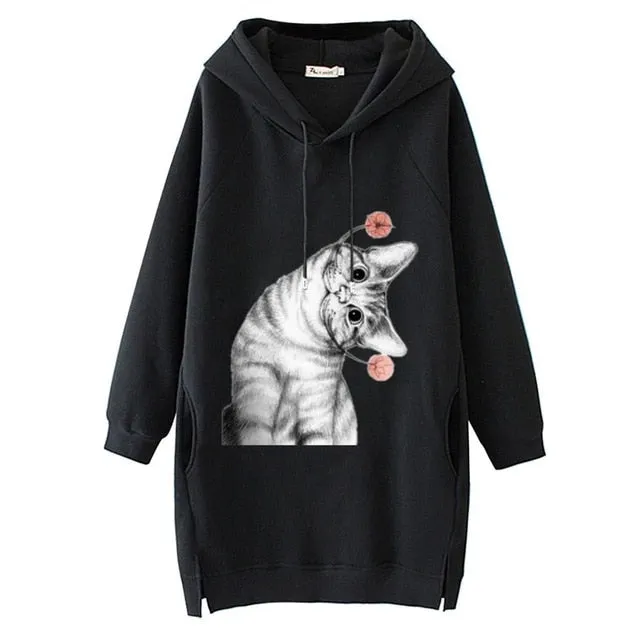 Women Long Hoodie Sweatshirt Pullover Cartoon Print Long Sleeve Splited Pockets Sweatshirt Hoody Pullovers Dress Sudadera Mujer