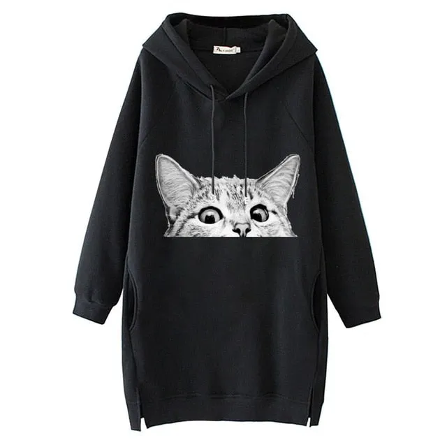 Women Long Hoodie Sweatshirt Pullover Cartoon Print Long Sleeve Splited Pockets Sweatshirt Hoody Pullovers Dress Sudadera Mujer