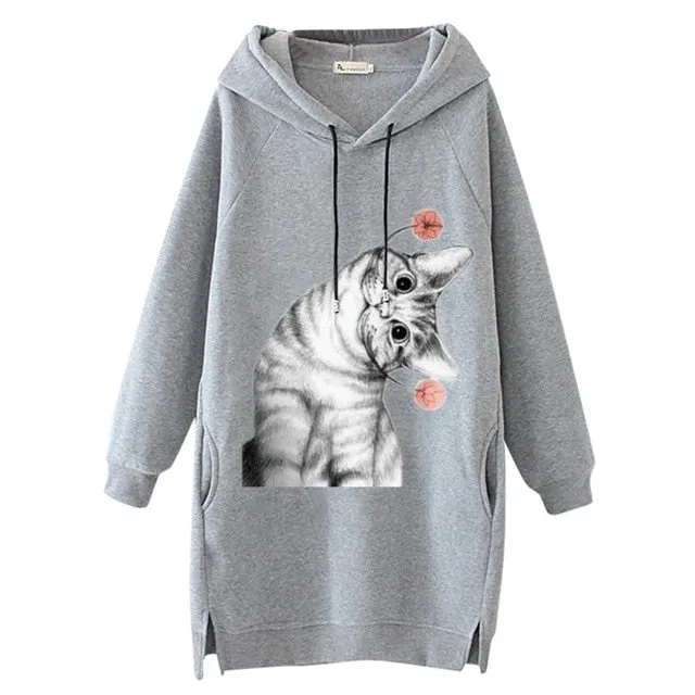 Women Long Hoodie Sweatshirt Pullover Cartoon Print Long Sleeve Splited Pockets Sweatshirt Hoody Pullovers Dress Sudadera Mujer