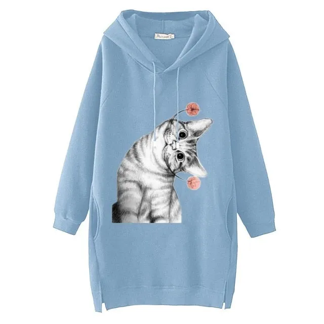 Women Long Hoodie Sweatshirt Pullover Cartoon Print Long Sleeve Splited Pockets Sweatshirt Hoody Pullovers Dress Sudadera Mujer
