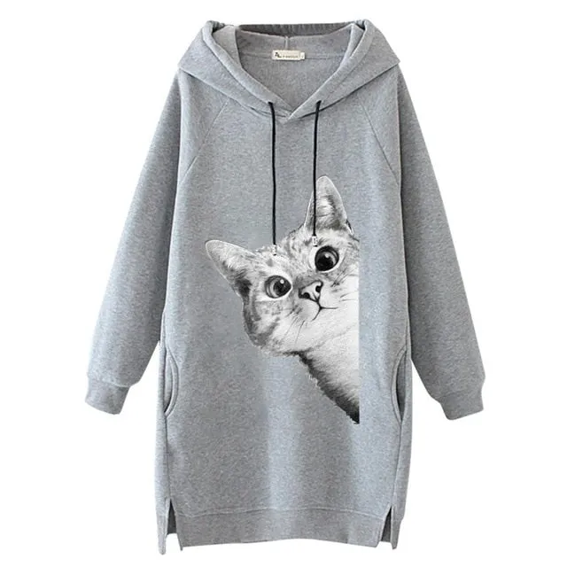 Women Long Hoodie Sweatshirt Pullover Cartoon Print Long Sleeve Splited Pockets Sweatshirt Hoody Pullovers Dress Sudadera Mujer